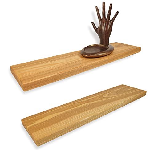 Wood Floating Shelves, 100% Ash Wood, Set Of 2-Rustic Shelf 24-Inch, Wide Wooden Wall Shelves Made In Europe For Living Room Bedroom Kitchen Bathroom Farmhouse Natural Color, 24" X 6.5" #TOP1