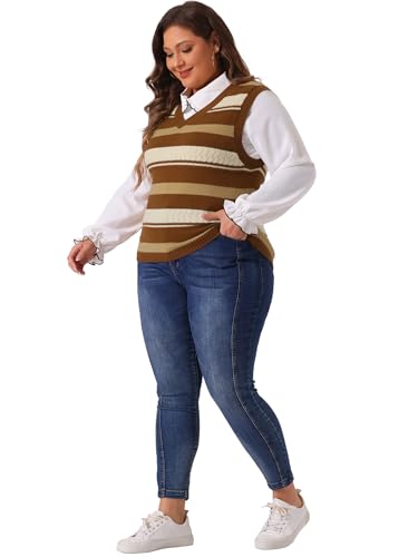 Image of Agnes Orinda Plus Size Sweaters for Women Sleeveless V Neck Striped Knit Casual Pullover Sweater Vests