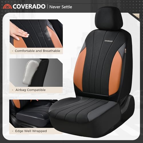 Image of Coverado Seat Covers for Car, Automotive Car Seat Covers 5 Seats, Mesh Breathable Leather Seat Protectors, Brown Seat Covers Universal Fit for SUV, Truck, Vans, Sedan