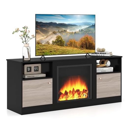 KOMFOTTEU Mueble para TV de 65" con Luces LED, Mesa Baja para Televisor con Estante Ajustable y Compartimento Abierto para Chimenea Eléctrica, Centro de Entretenimiento para Salón, Dormitorio
