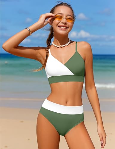 Image of Girls Swimsuit V Neck Bikini Set Color Block with Cover Up 3Pcs Bathing Suits