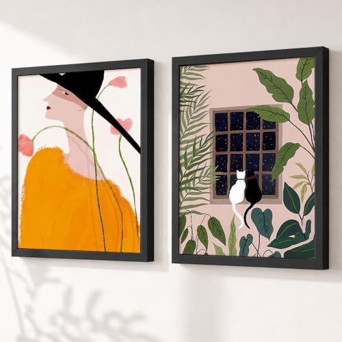 Image of PAINTINGMANTRA Girl with Hat Green Leaf Framed wall art Painting for Kids Room, cartoon Wall Art For living room, Office, Set of 2, 13x18 Inch
