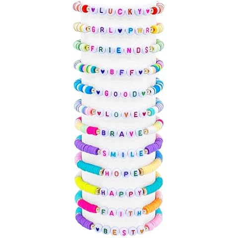 SIELEVIN 12 PCS Colorful Friendship Bracelets Letter Clay Bead Bracelet Preppy Bracelet Surfer Stackable Beaded Friendship Stretch Bracelets for Women Above 12 Years Old Cover