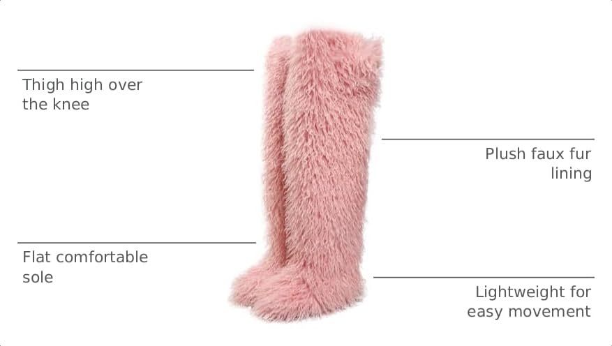 Image of Black Thigh High Fur Boots, Over the Knee Fluffy High Boots, Tall Furry shoes for Women