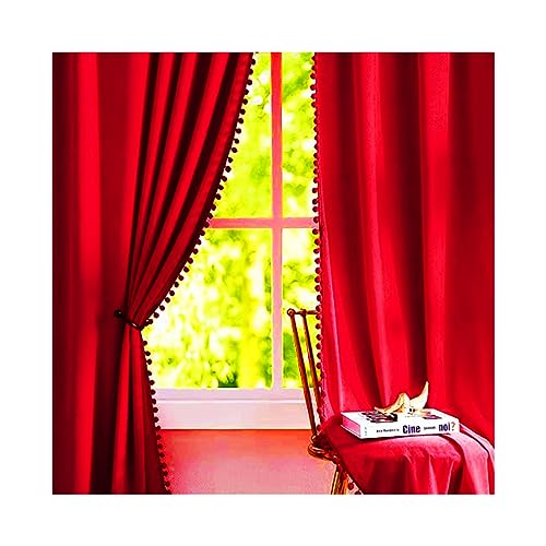 Image of Amazon Brand - Umi Velvet Eyelet Door Curtains with pom pom Lace for Living Room Bedroom Kitchen 2 pc Pack in Red Color (Door - 4 feet x 7 feet)