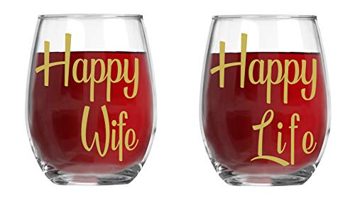 Happy Wife  Happy Life - 15oz Crystal Wine Glasses - Couples Stemless Wine Glasses – His And Hers Gifts Ideas For Anniversary Weddings Bridal Showers