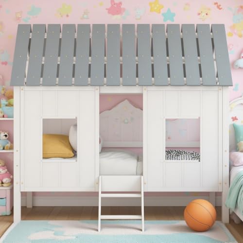 Low Twin House Loft Bed Frame,Cabin Kids Bed with Two