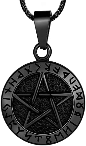 Hipunk Wiccan Men's Pentagram Necklace Brisingamen Pendant in 316L Stainless Steel with Witchy Tetragrammaton Pentacle, Eliphas Levi's Inspired Pagan Star and Satanic Design - SP0061B.