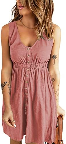 BLENCOT Women's Casual Sleeveless T-Shirt Dresses Summer V Neck Button Down Swing Short Dress Pink L