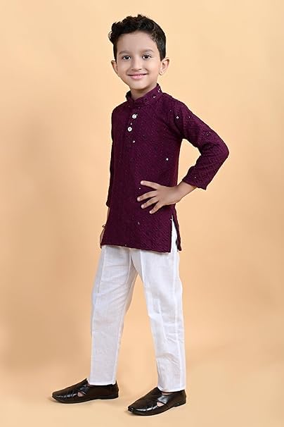 Image of Kid's Embroidery Printed Rayon Kurta-Pajama Set 3 /4 Sleeve V Neck Traditional Ethnic Wear for Boys