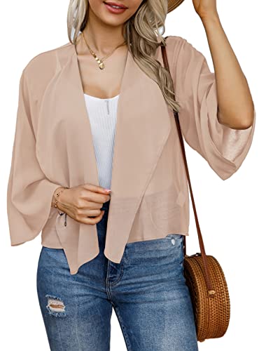 Women's 3/4 Sleeve Shrugs Cardigan Kimono Lightweight Mesh Jackets For Evening Dresses (Lightkhaki,L) #TOP4