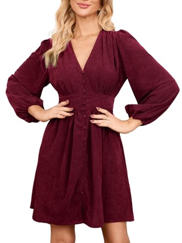 EZAPINE Damen-Minikleid aus Cord, V-Ausschnitt, A-Linie, Knopfleiste, Puffärmel, Herbstkleider, Burgunder, X-Groß