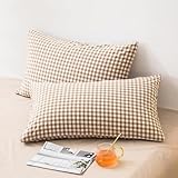 mixinni Beige Plaid Washed Cotton Pillowcases Set of 2 - King Size 20'x36' Farmhouse Pillow Shams with Envelope Closure, Ultra-Soft