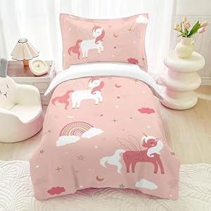 HOMHOMHA Eenhoorn-dekbedovertrek voor kinderen, meisjes, beddengoed 120 x 150 cm + 1 kussensloop 65 x 65 cm, 3D-print, regenboogkleur, roze, 100% microvezel