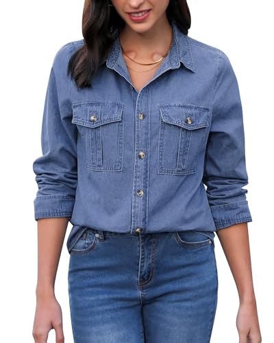 GRAPENT Denim Button Down Shirts for Women Long Sleeve Western Top Casual Cotton Relaxed Fit Jean Shirt Jacket Shacket