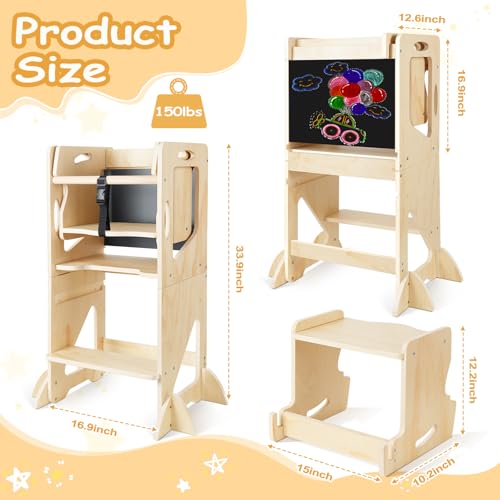 Image of Adjustable Height Toddler Kitchen Step Stool, Learning Standing Tower with Blackboard, Kids Wooden Kitchen Stool Helper, 1-3 Years Old Boys Girls Gift, 5-in-1 with Bench