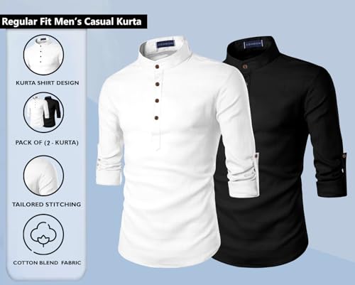 Image of Zombom Men's Combo Cotton Polyester Blend Solid Full Sleeve Straight Regular Fit Mandarin /Chinese Collor Kurta (Pack of 2)