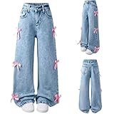 Bow Jeans for Girls Wide Leg Kids Baggy Flare Barrel Denim Pants Plus Size Casual Fall 2025 Youth Clothing High Waisted Cute Preppy Back to School Clothes Tween Teen Y2k Outfits Pockets 12-14 Years