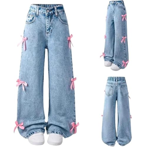 Bow Jeans for Girls Wide Leg Kids Baggy Flare Barrel Denim Pants Plus Size Casual Fall 2025 Youth Clothing High Waisted Cute Preppy Back to School Clothes Tween Teen Y2k Outfits Pockets 10-11 Years
