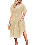 Picture of IN'VOLAND Plus Size Women Boho Maxi Dress Short Sleeve Swiss Dot Smocked High Waisted A-Line Ruffle Tiered Spring Long Dress Beige