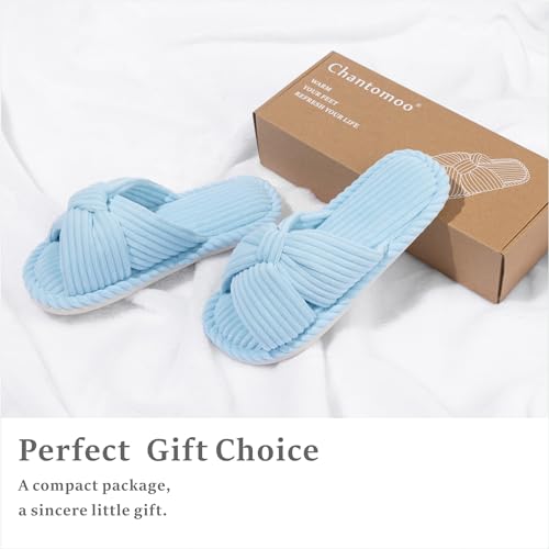 Image of Chantomoo Slippers for Women Memory Foam House Womens Slipper Slides Home Bedroom Bathroom Spa Open Toe Corduroy Bow Slippers Cozy Comfortable