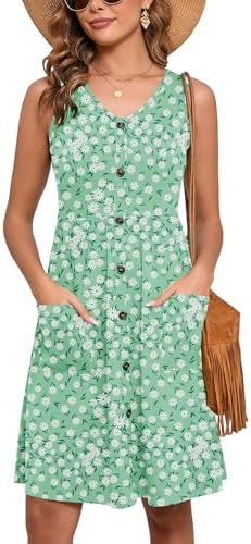 Heymoments Women's Summer Dresses Sleeveless Casual Fashion Loose Swing Button Down Midi Dress with Pockets