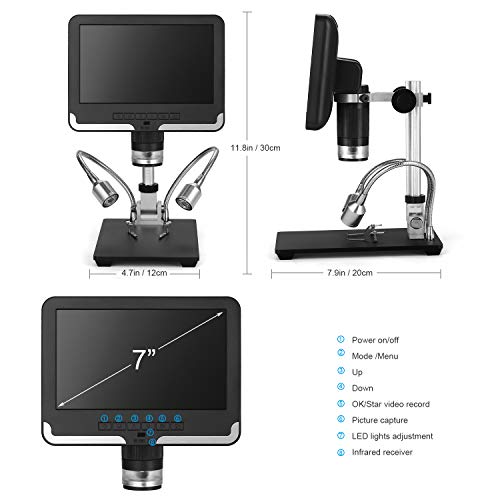 LCD Digital Microscope 7 in HD Screen 200X Magnification Zoom Camera Video Recorder with 16G SD Card, Angle Adjustable Microscope, 2 Fill Lights, with Remote Control