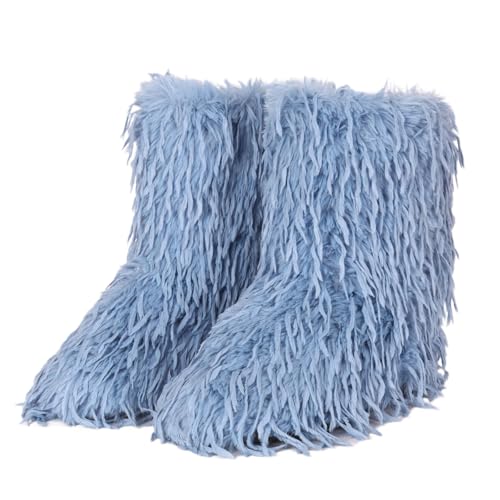 NWSTESLE Women's Faux Fur Boots Furry Fluffy Winter Snow y2k Boots for Girls Mid-Calf Flat Fuzzy Shoes Plush Warm Outdoor Indoor