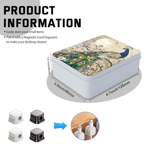 Image of Metal Tin Box with Lid,Multi-functional Storage Box Can Store Tea Biscuits Game Cards, Playing & Tarot Cards-Comes with 4 Magnetic Cord Clips,Peacock by Moon