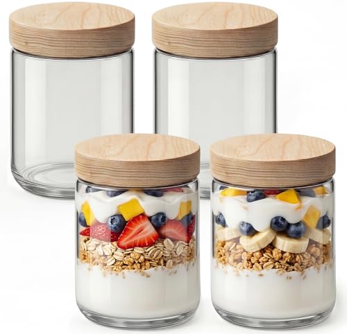Image of 16oz 4 Pack Glass Mason Jars Overnight Oats Containers with Ashwood Lid | Airtight Chia Seed Pudding Jars with Screw on Top Wide Mouth Food Storage Jar for Meal Prep, Yogurt, Spice, Herb and Tea