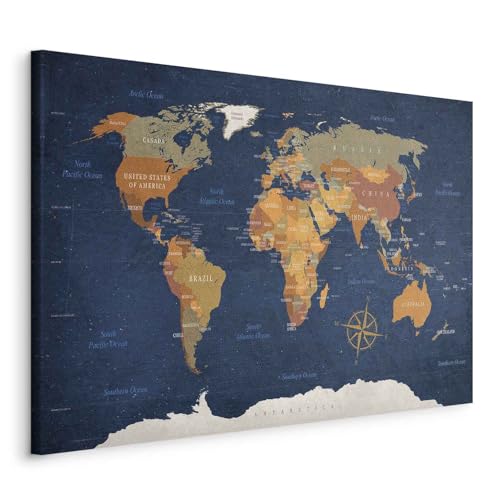 B&D XXL - Tableau décoratif Carte du monde 120x80 cm - Impression sur toile colorée - Décoration murale pour salon et chambre - Beige bleu gris - Boussole continents...