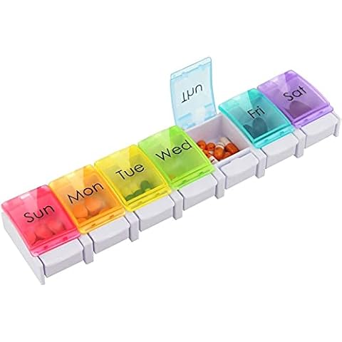 Weekly 7 Day Pill Organizer, HUAXIYAN Large Daily Pill Cases Pill Box with Easy Push Button Design for Pills/Vitamin/Fish Oil/Supplements (Rainbow) Cover