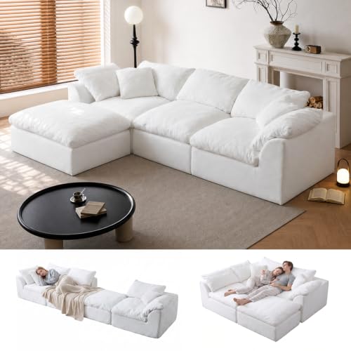 Image of Cloud Couch Sectional for Living Room, Modular L Shaped Boneless Sofa with Chaise, Compressed No Assembly Couch, Deep Seat Chenille Upholstered Convertible Sofa Bed(Pearl White)
