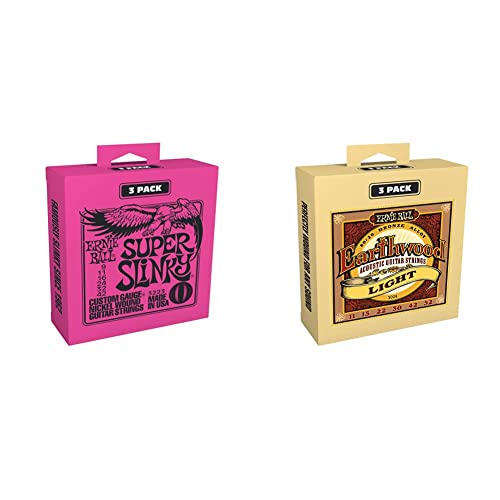 Ernie Ball Super Slinky Nickel Wound Electric Guitar Strings 3 Pack - 9-42 Gauge & Earthwood Light 80/20 Bronze Acoustic Guitar Strings 3-Pack, 11-52 Gauge (P03004) #TOP18