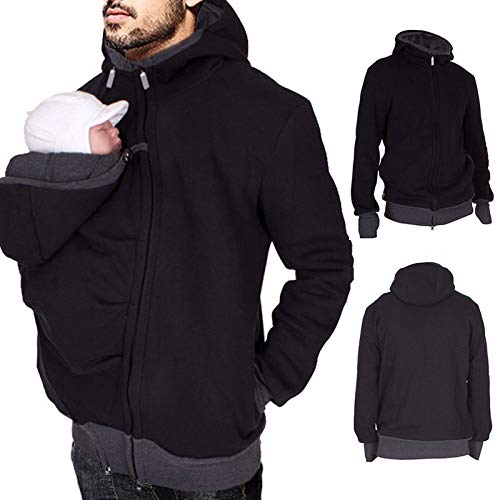 Mens Kangaroo Hoodie Jacket with Baby Pouch, Baby Carrier Hooded Sweatshirt Zip Up Pullover Hoodies for Dad Black