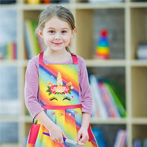 Aspmiz Cute Unicorn Kids Aprons With Pockets, Adjustable Skirt Cartoon Aprons For Boys Girls Toddlers Children, Waterproof Pink Dress Rainbow Cooking Apron For Baking Kitchen Painting Party, Kids Gift #TOP2