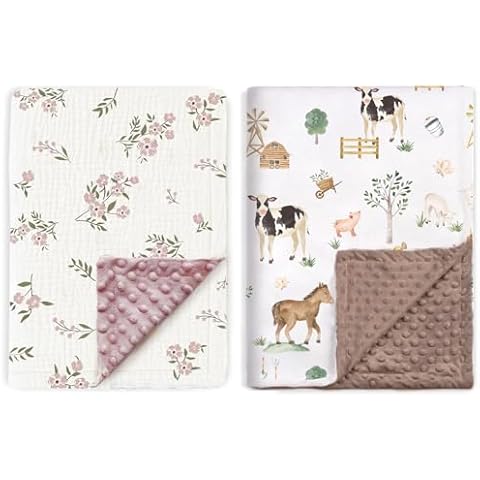 BOPRIO Baby Blankets 2 Packs, 1 x Minky Dotted and 1x Cotton Muslin Dotted Toddler Blanket, Farm and Floral Design Cover
