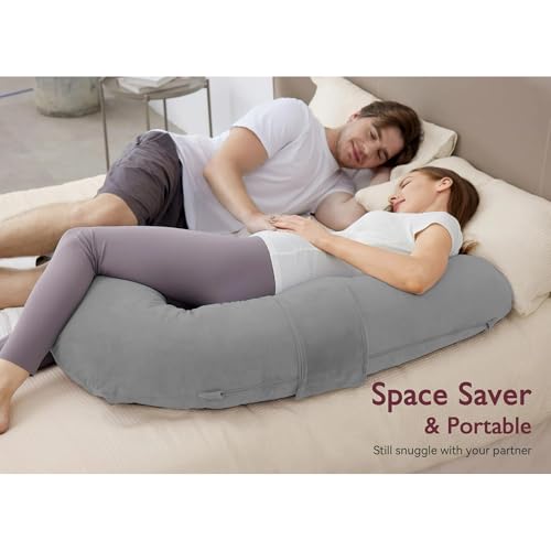 Image of J-Shaped Sleeping Pregnancy Pillow| Removable Velvet Covers| PregnoCare Fibres| Baby Shower Gift, Maternity, Nursing| Full Body Soft-Support Bump, Head, Back, Shoulder, Hips, Legs and Belly (Grey)