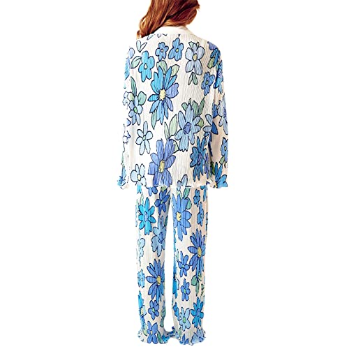 Franhais Women 2 Piece Pleated Pants Set Boho Floral Print Long Sleeve Button Down Shirt Summer Cute Linen Pants Outfits (Blue , M ) #TOP5