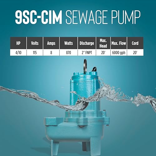 Image of Little Giant 9SC-CIM 115 Volt, 4 /10 HP, 6000 GPH Manual Epoxy-Coated Cast Iron Submersible Sewage Pump, 20-Ft. Cord, Blue, 509413