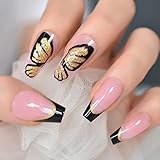 KTAABTR Butterfly Press on Nails Medium French Tip Acrylic Nails Glue on Nails Gold Butterfly Coffin