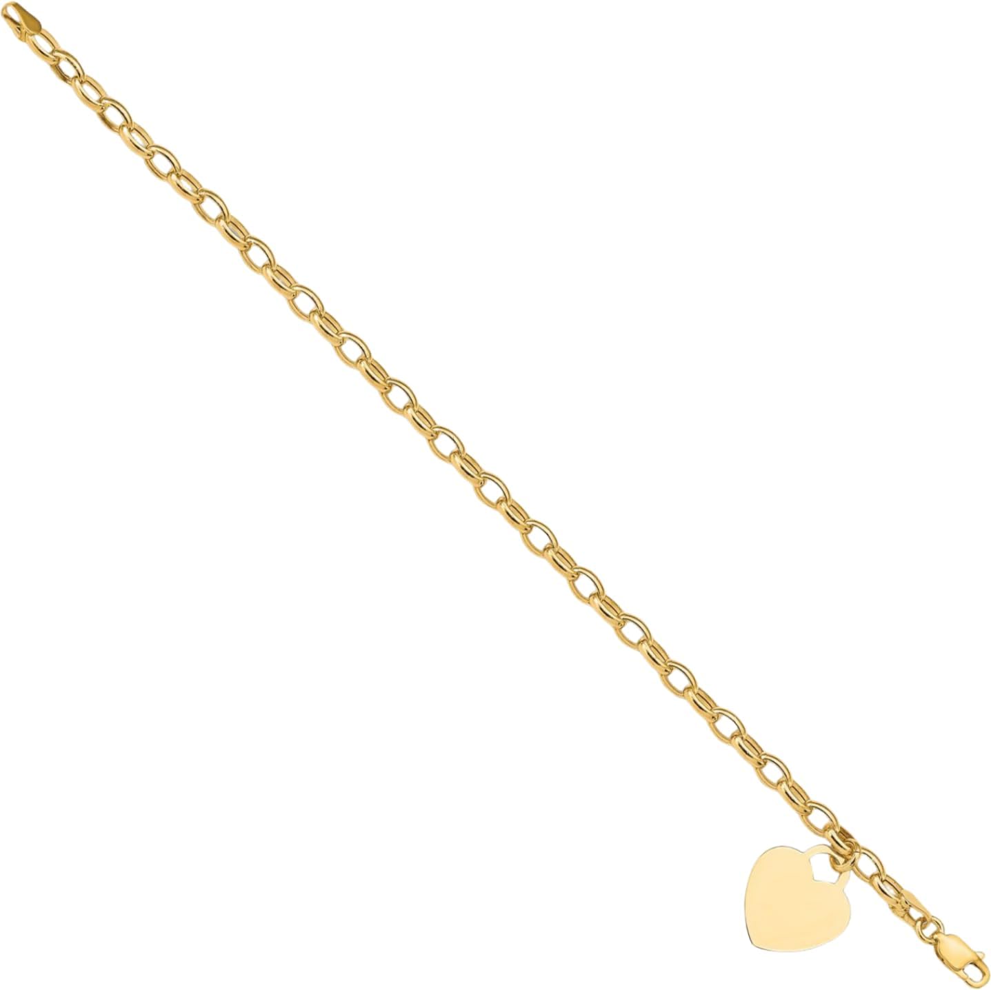IceCarats 14K Yellow Gold 4mm Rolo Chain Heart Charm Bracelet 7.5 inch Lightweight, Polished, Engravable For Her