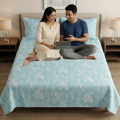 Image of Mafatlal 186 TC Metro Cotton Double Bed Bedsheet | 90x100 Inch|Soft, Breathable & Lightweight | Includes 2 Pillow Covers| Teal Shadow 1