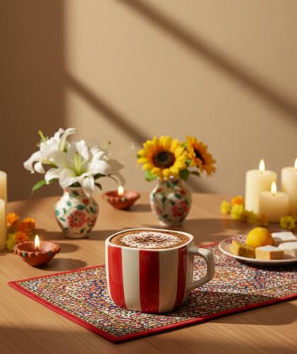 Image of DATA Ceramic Zen Stripes Hand Painted Coffee Mugs in Red Lines, Set of 6, 199 Ml