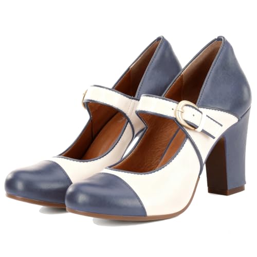 Image of SHODENSE Women Vintage Chunky High Heel Mary Jane Shoes Round Closed Toe Ankle Strap Dress Sandals 3 inch Block Heels Mary Jane Lolita Pumps Two-Toned Patchwork Buckle Office Lady Wedding Retro 4-11 M US