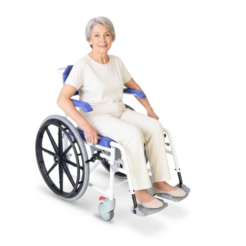 KMINA Toilettenstuhl mit Rollen für Senioren Blau, selbstfahrender Duschstuhl für Behinderte, höhenverstellbarer Duschrollstuhl mit 60 cm Rädern, fahrbarer Leibstuhl bis 120 kg - Modell PRO