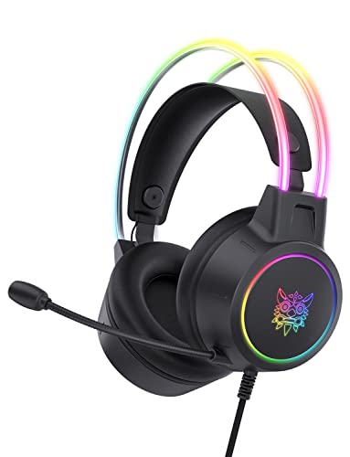 AJIJAR Herní headset s mikrofonem, lehký 3,5 mm headset s RGB hliníkovým rámem, potlačení hluku, prostorový zvuk, kompatibilní s PS4, PS5, Xbox One (bez adaptéru), PC telefon (černý)