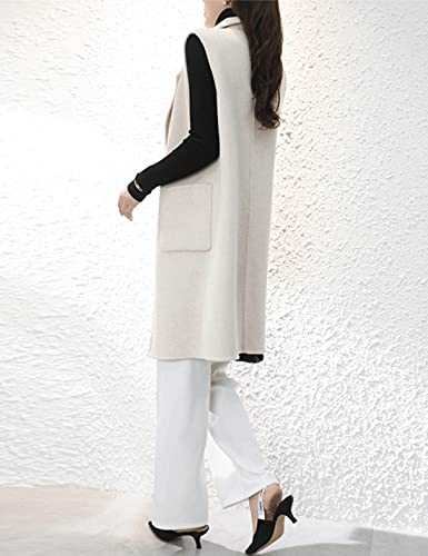 Puwei Women's Notched Lapel Outerwear Vest Sleeveless Pocket Midi Wool Blazer Jacket(1914-Beige-S) #TOP3