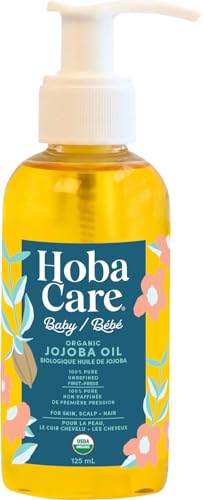 HobaCare Organic Jojoba Baby Oil with Pump – 100% Pure Natural Unrefined Unscented Cold Pressed Jojoba Oil for Baby Hair, Infant Skin, Body Care (4.22 fl oz / 125 ml)