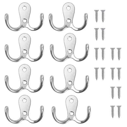 8 PCS Double Prong Robe Hooks, Dual Coat Door Hooks with 16 PCS Screws, Chrome Wall Mounted Hooks, Metal Retro Cloth Hanger, Heavy Duty Metal Door Hooks Screw for Hanging Hat Tie Clothes Towel(Silver)